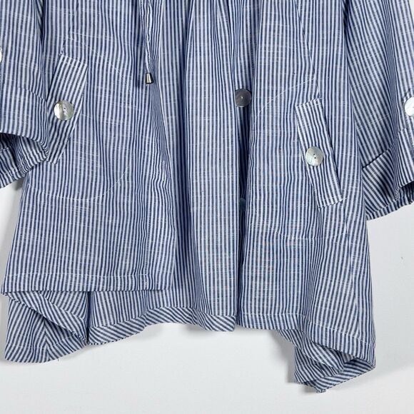 Jones & Co Linen Blend Hooded Jacket Womens Sz L Blue Striped Roll Tab Sleeves - Picture 3 of 11